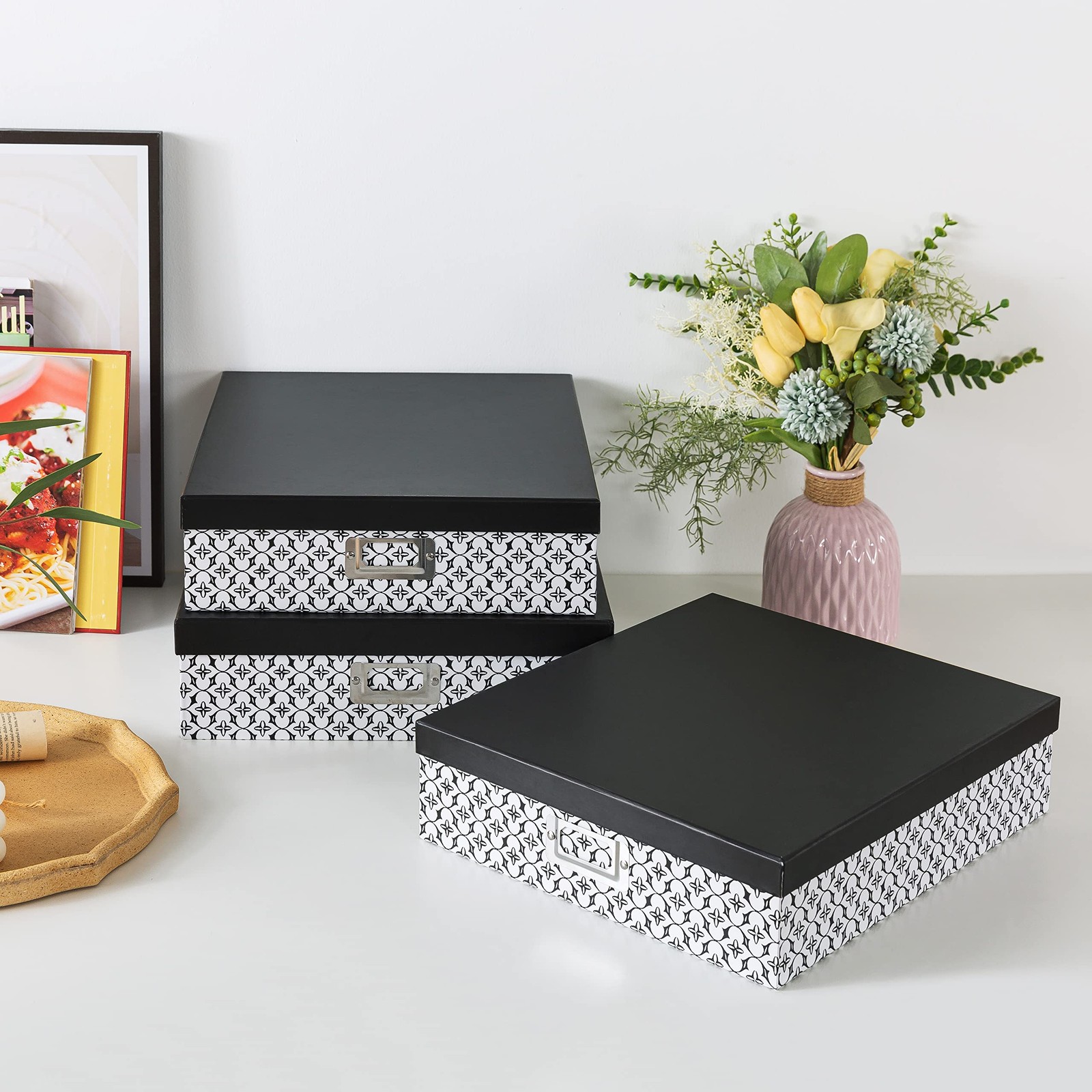 Black and White Decorative Storage Boxes with Lids for Organizing, Set of 3 J…