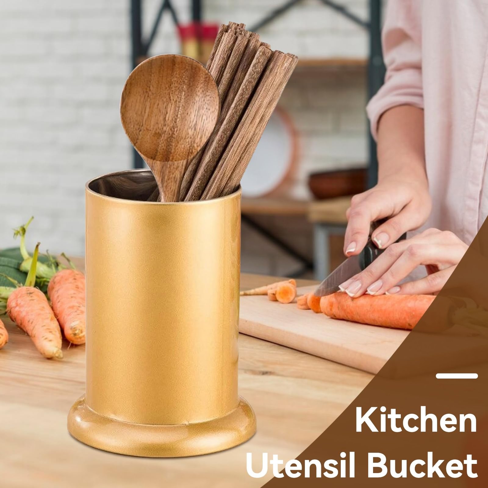 Utensil Holder, Stainless Steel Flatware Storage Basket Gold Silverware