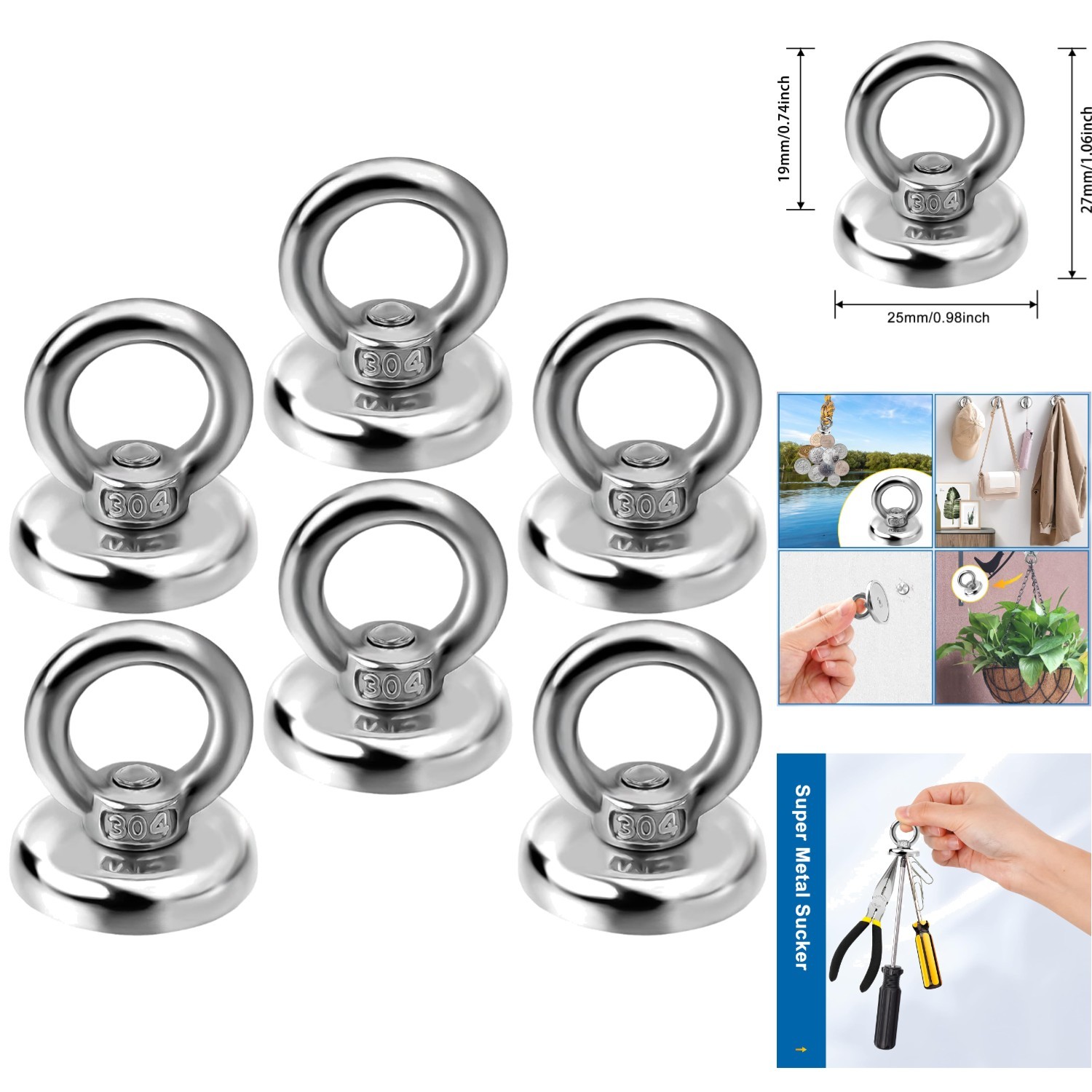 6-Pack Heavy Duty Magnetic Hooks 60LB Strong Neodymium Magnets Eyebolt Hangers