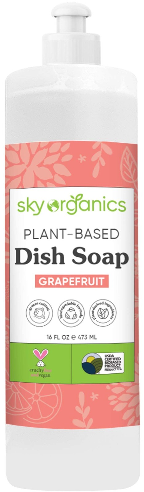 Sky Organics Plant-Based Grapefruit Dish Soap, USDA Bio-Based,16 fl. Oz