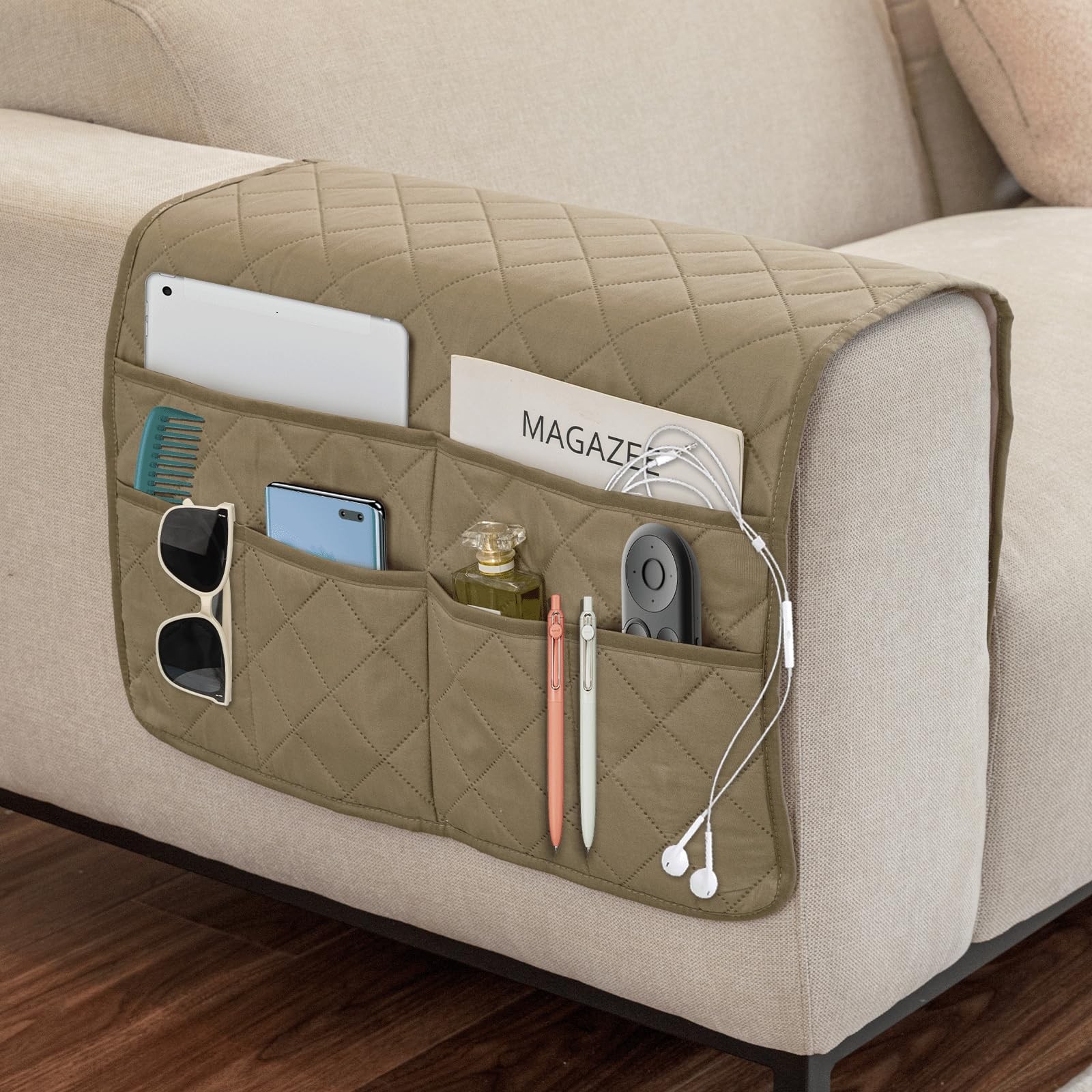 Beige Remote Control Holder Recliner Armchair Caddy Non Slip Sofa Armrest