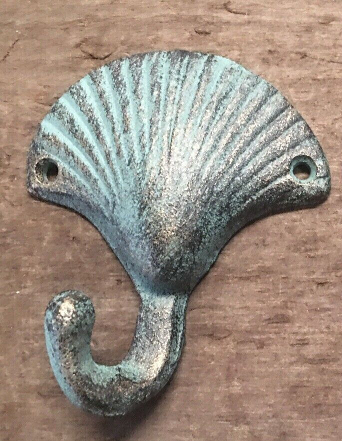 BLUE GREEN SEASHELL BATHROOM KITCHEN HOOKS ocean clam sea shell beach cast iron