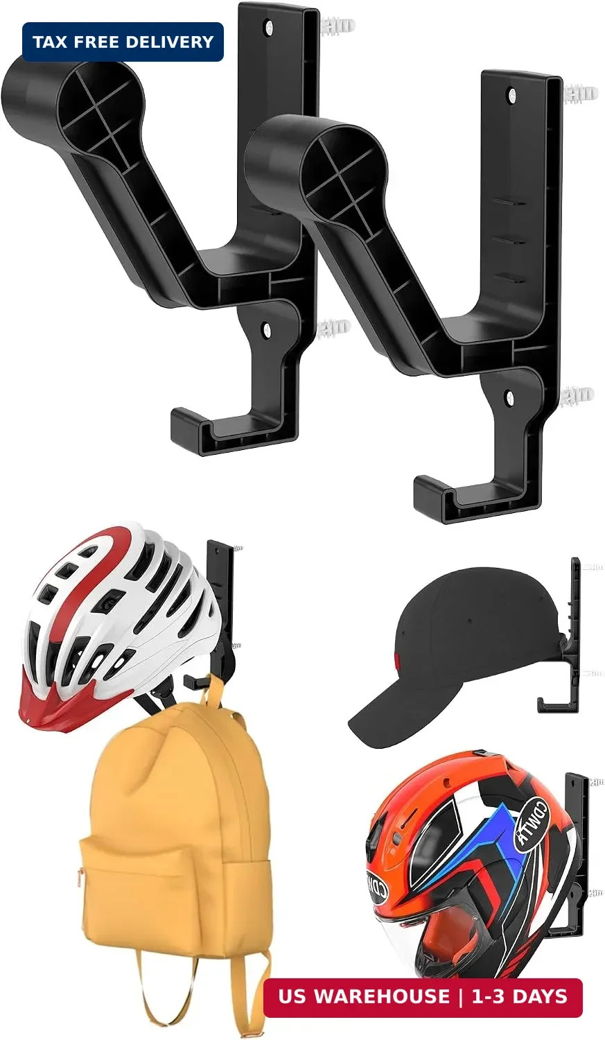 Universal Helmet Wall Mount Organizer, Black, 2 Pack | Helmet Rack for Display,