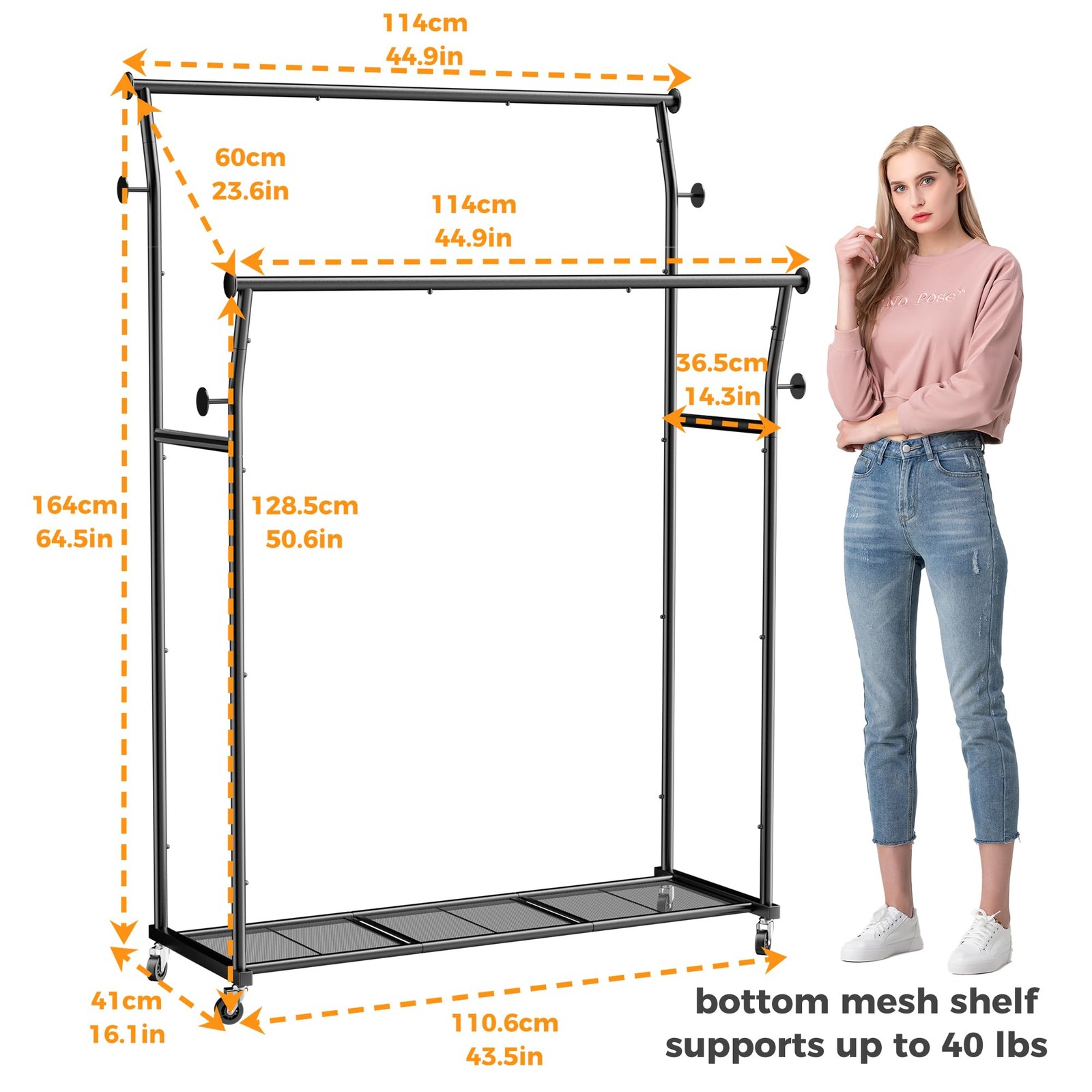 Double Rods Clothes Rack, Rolling Clothing Rack for Hanging Clothes with Hook…