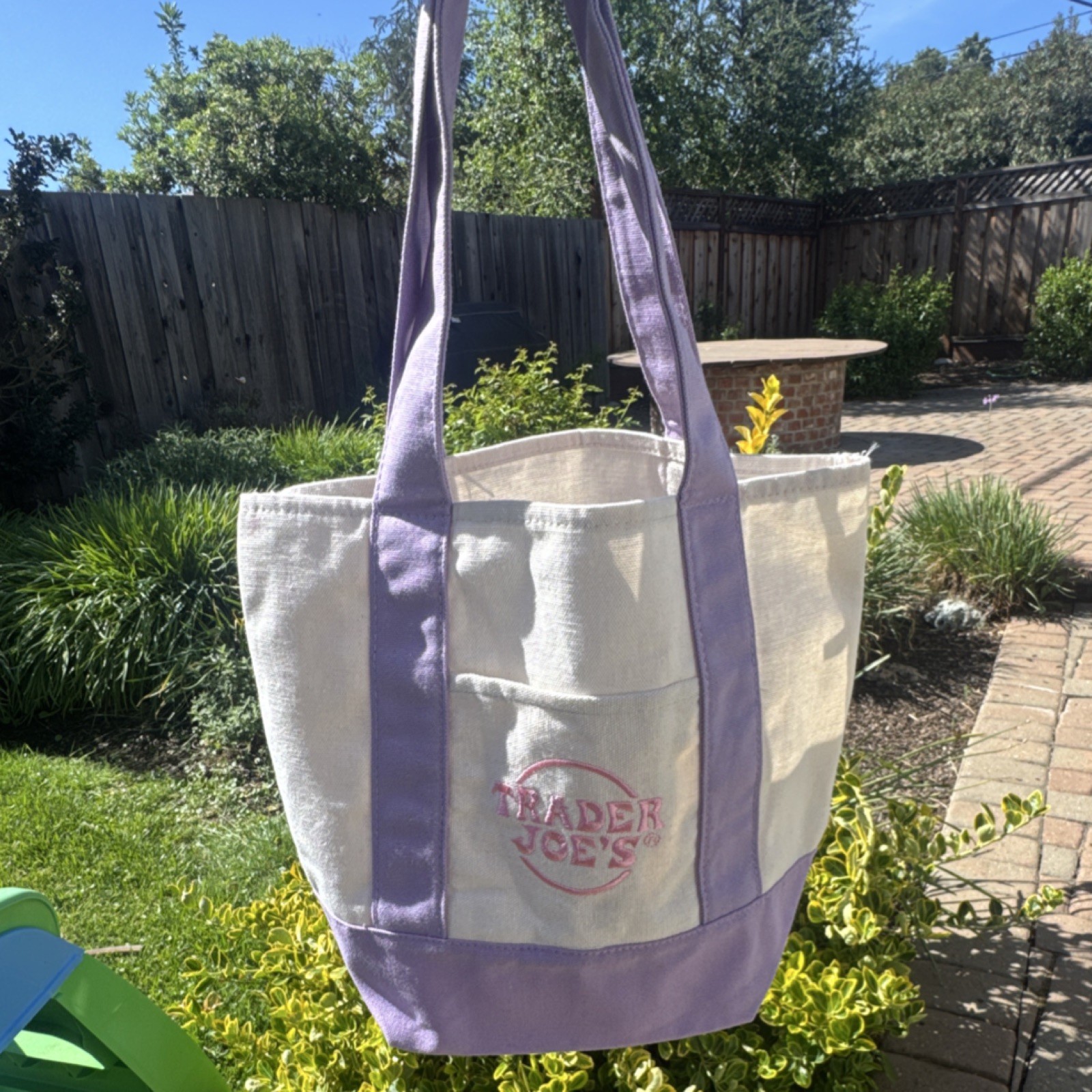 Trader Joe’s Foldable Reusable Shopping Bag Purple Beige Cotton Polyester