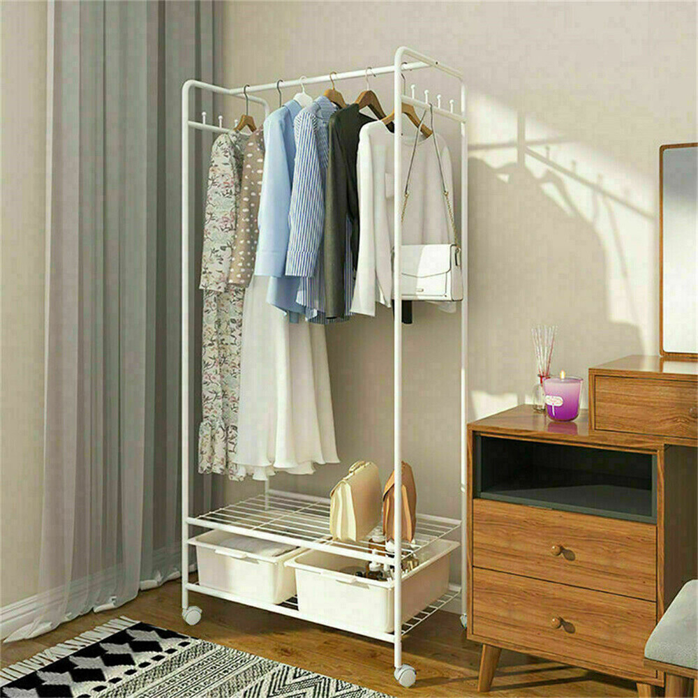 Heavy Duty White Clothing Garment Rack Rolling Clothes Organizer 2 Tiers Shelves