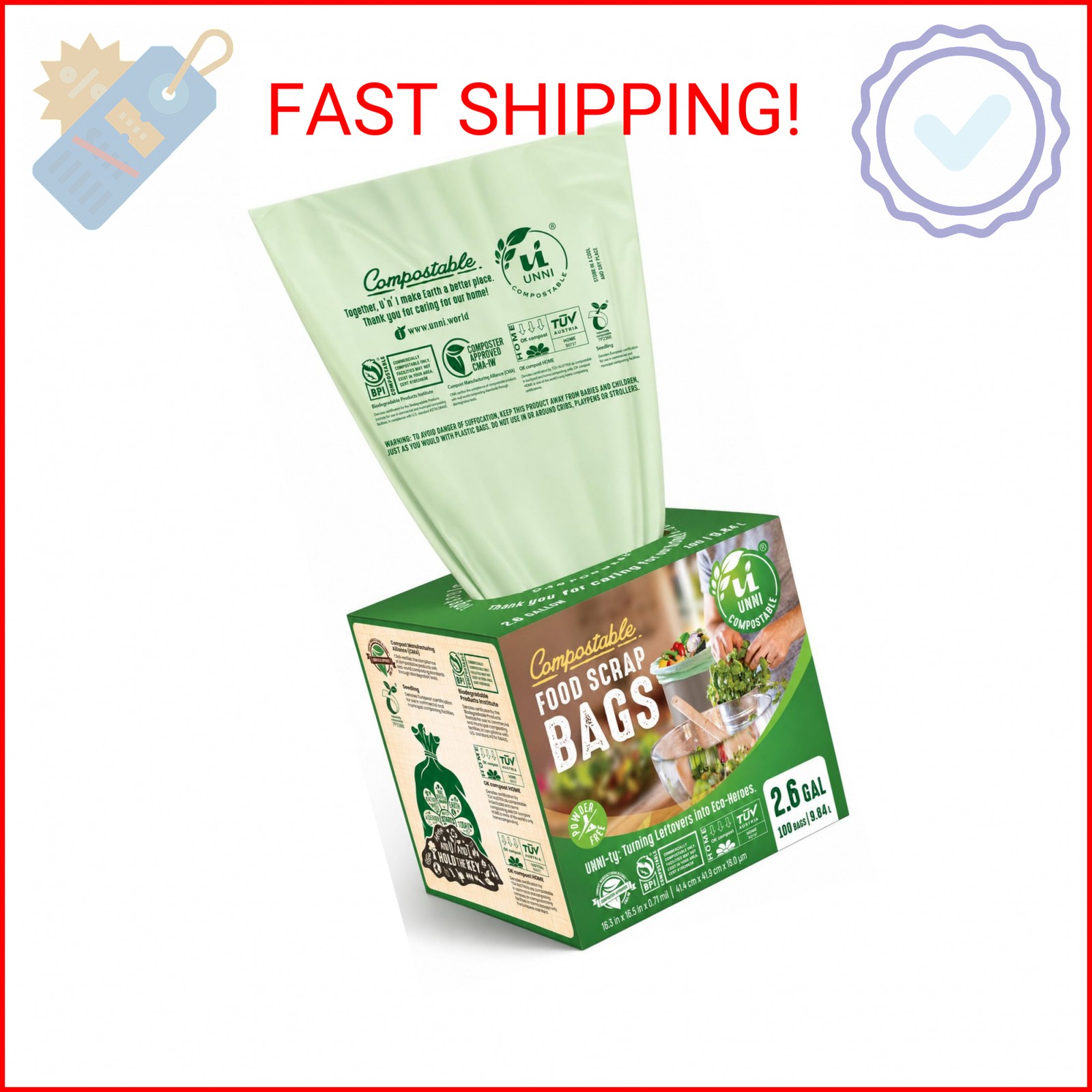 UNNI Compostable Trash Bags, 2.6 Gallon / 9.84 Liter, 100 Count, Extra Thick 0.7