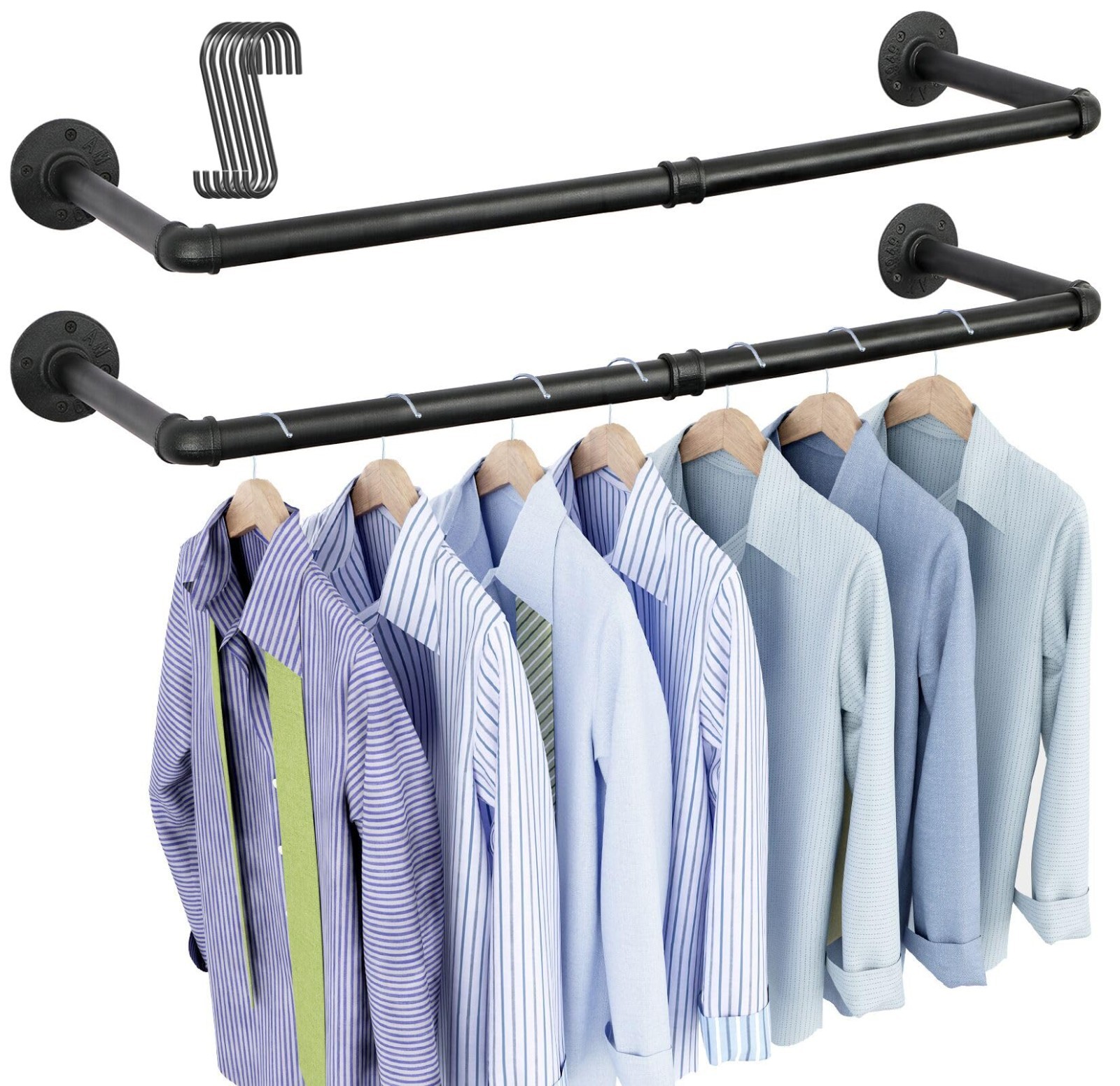 Industrial Pipe Clothes Rack Wall Mounted Set of 2, 38.4 inches Heavy Duty Iron