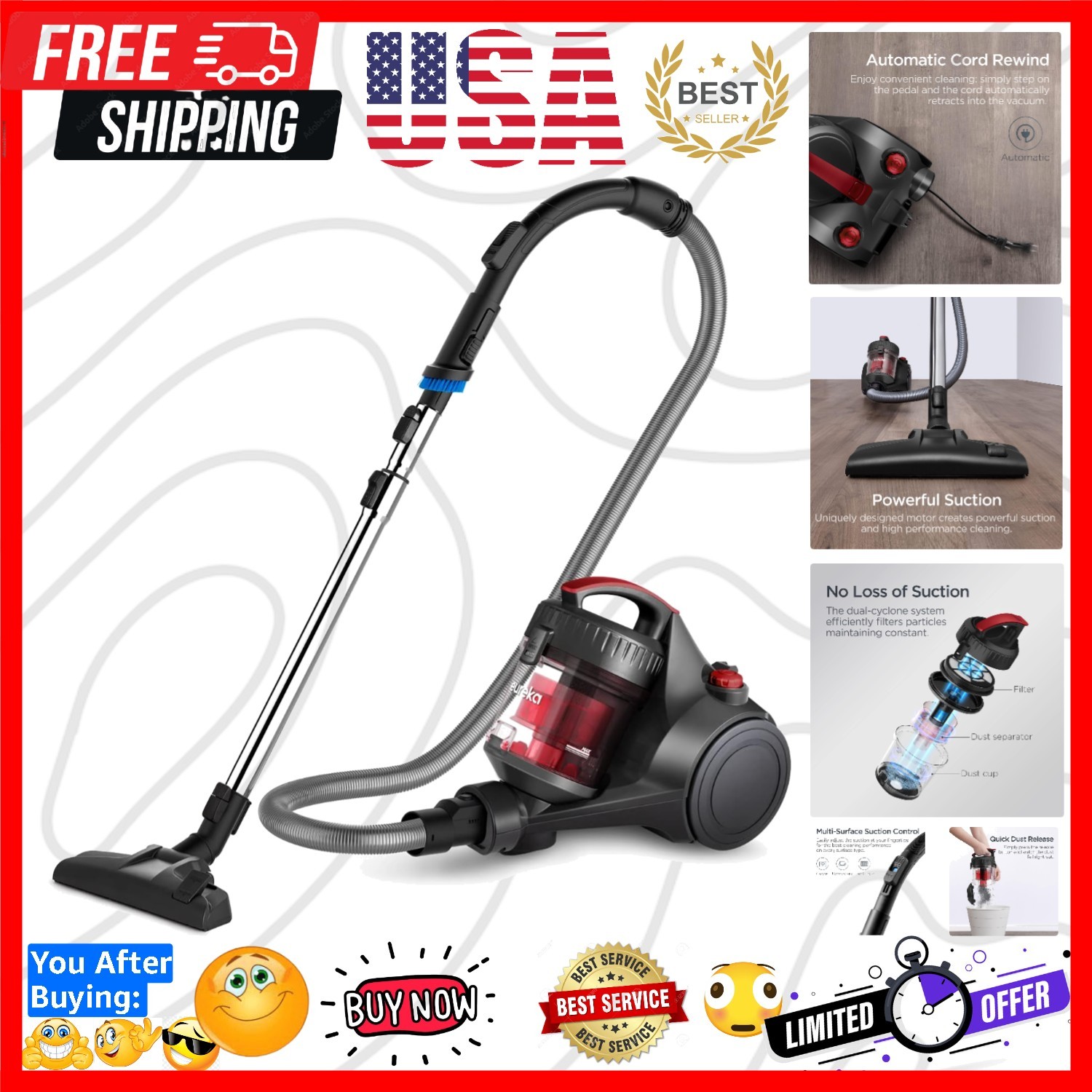 Bagless Canister Vacuum Cleaner, Lightweight Vac for Carpets and Hard Floors,…