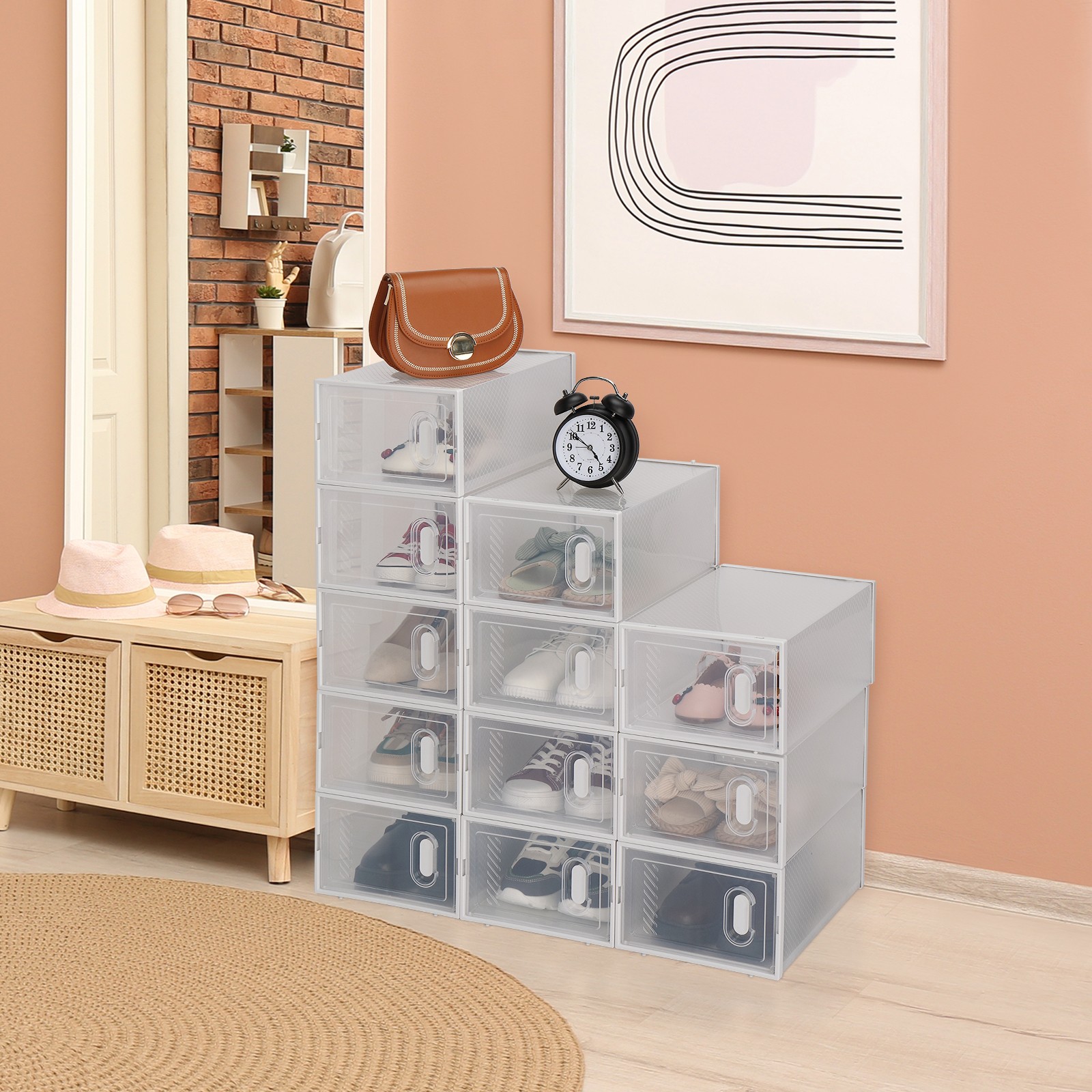 Shoe Storage Boxes 12 Pack Clear Plastic Stackable – White High Quality