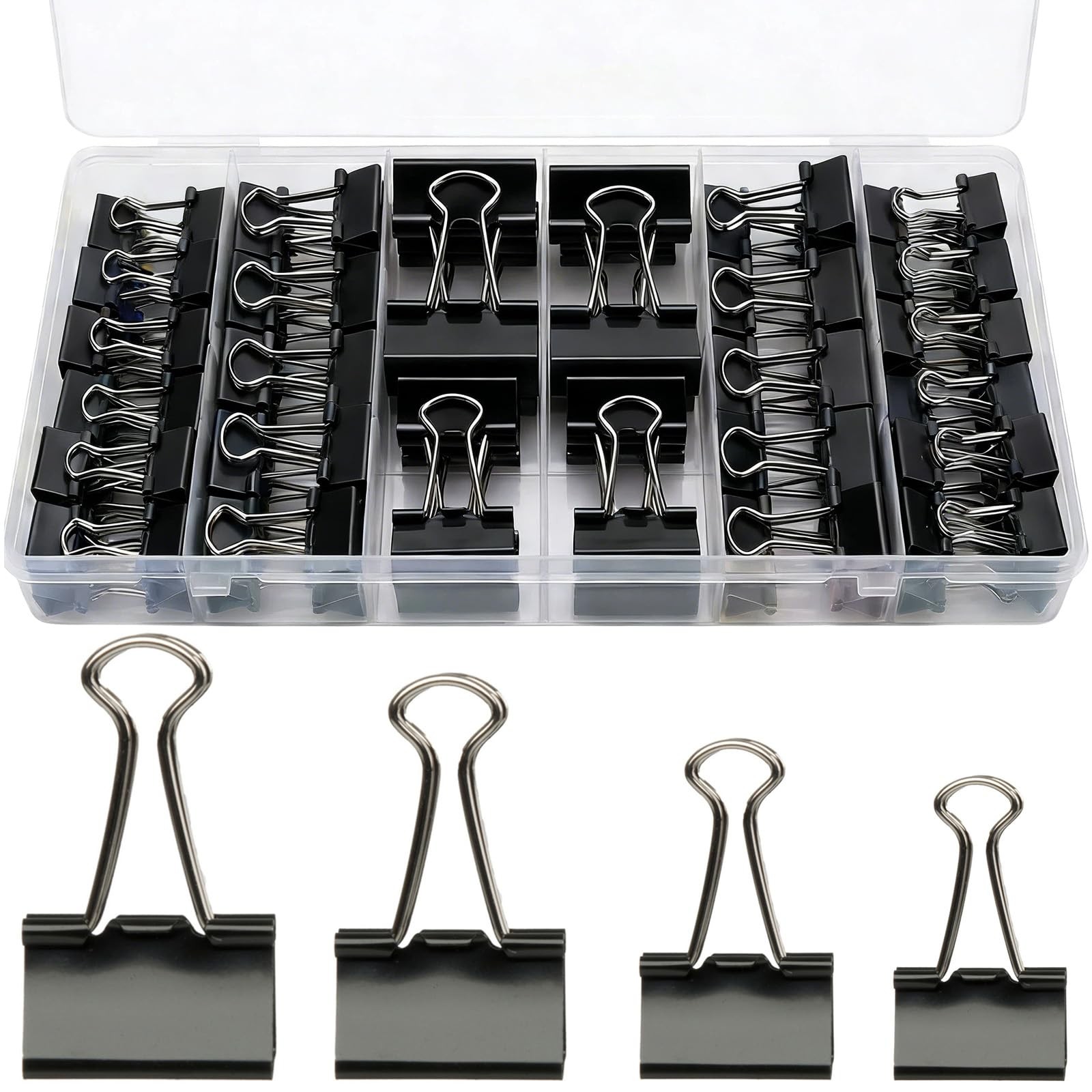 Binder Clips Assorted Sizes, 140 4 sizes, 0.6in, 0.75in, 1 in, 1.26 Black