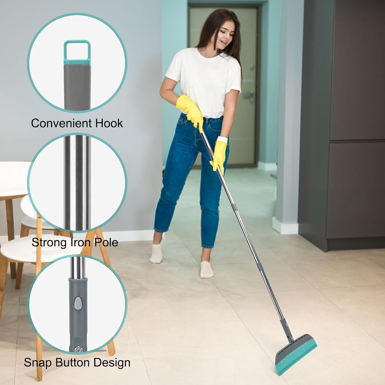 Multifunction Rubber Air Broom, Silicone Floor Squeegee Broom with 59″ Long Hand