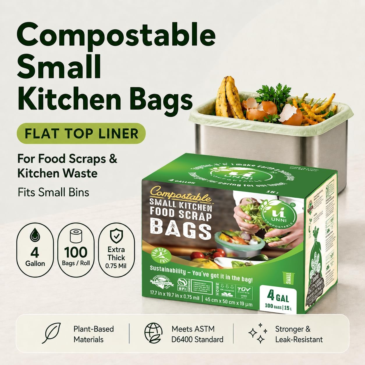 Compostable Trash Bags, 4 Gallon / 15 Liter, 100 Count, Extra Thick 0.75 mil Sma