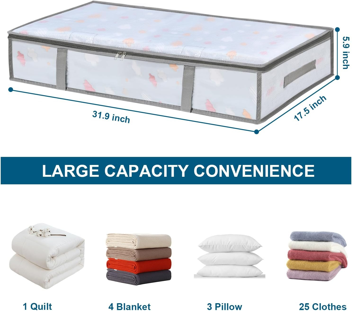 4 Packs under Bed Storage Containers Bins, Humid-Proof Plastic Underbed Storage