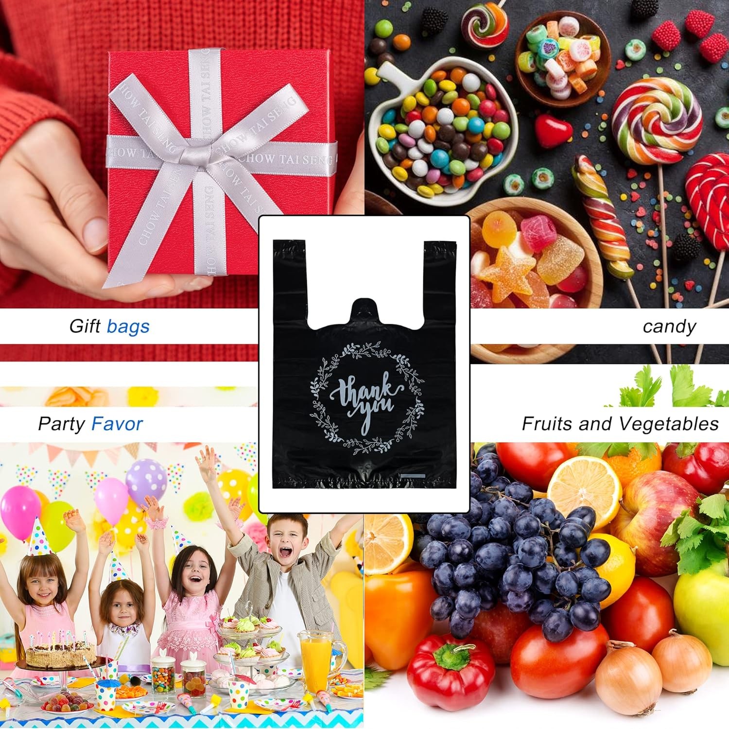 100PCS Black Thank You T-Shirt Bags Plastic Bulk Shopping Restaurant Bags 8.7 x