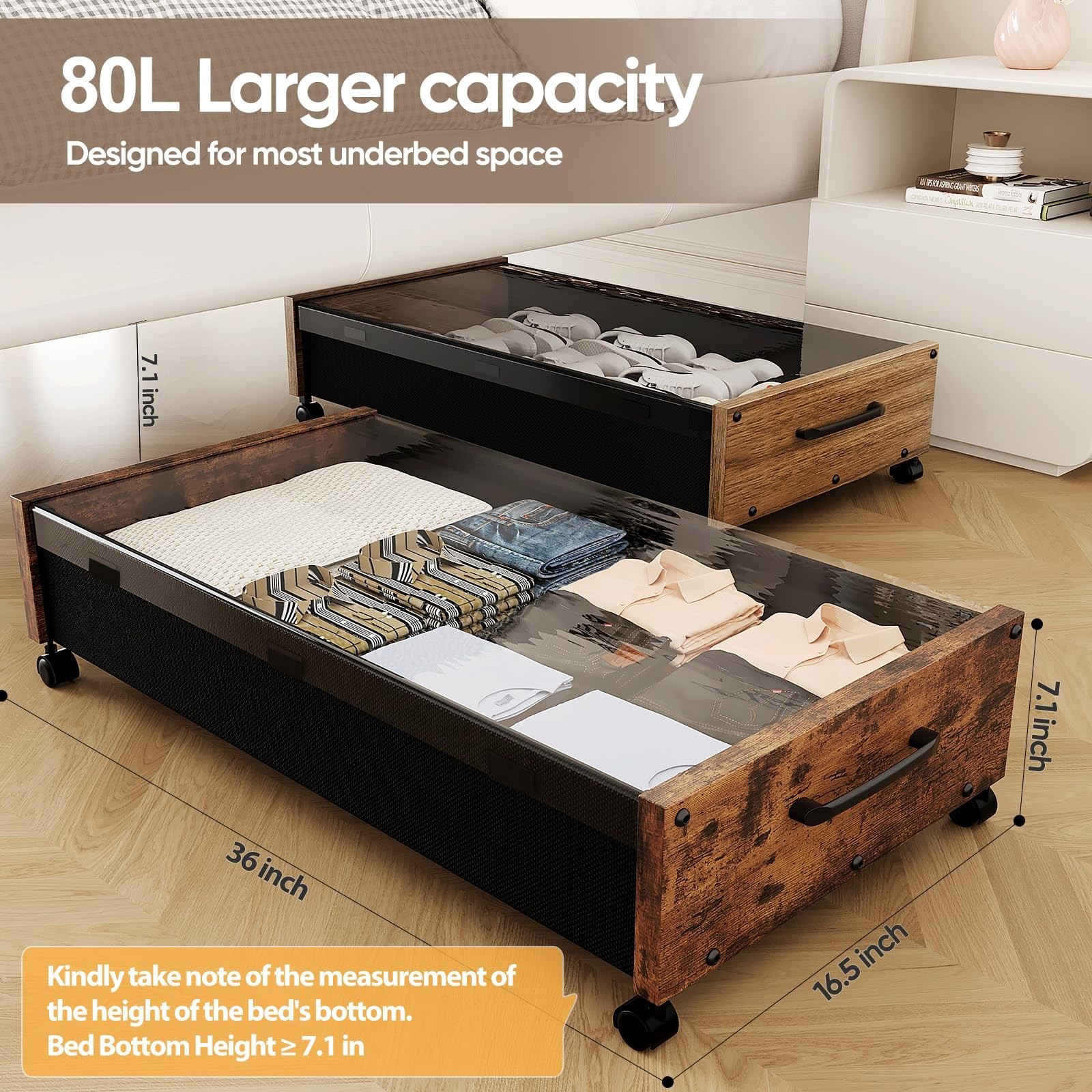 KITHELP Wooden Under Bed Storage with Wheels 80L 2 Pack Removable Lid