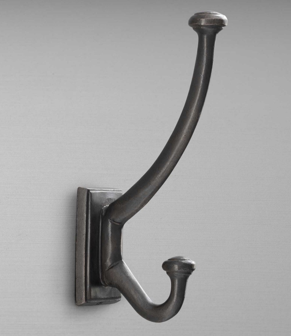 NEW Pottery Barn PITTED BRONZE METAL WALL HOOK 8” Oversized Dual Coat Robe NOS