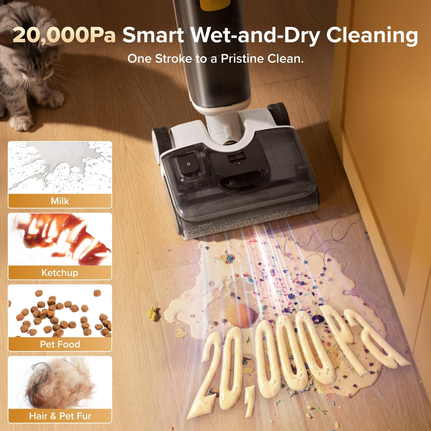 Cordless Wet Dry Vacuum Mop 20000Pa Self Cleaning 180° Lie Flat Floor Cleaner