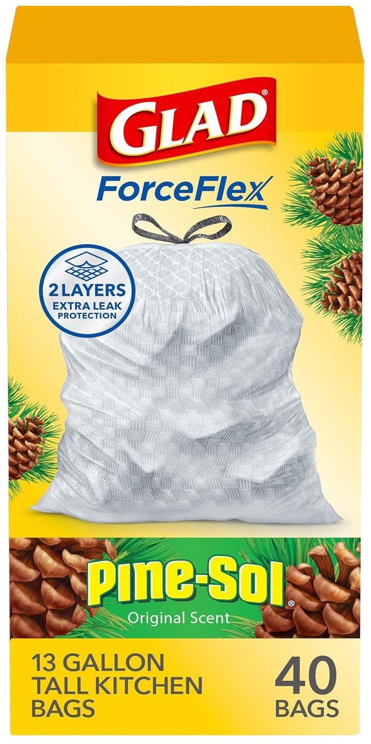 Glad ForceFlex Tall Kitchen Trash Bags 13 Gallon Pine-Sol Original 40 Ct