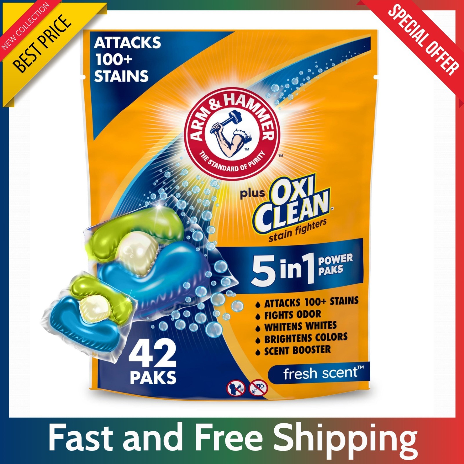 Arm & Hammer Plus OxiClean Power Paks – 42 Count 5-in-1 Laundry Detergent Pods..