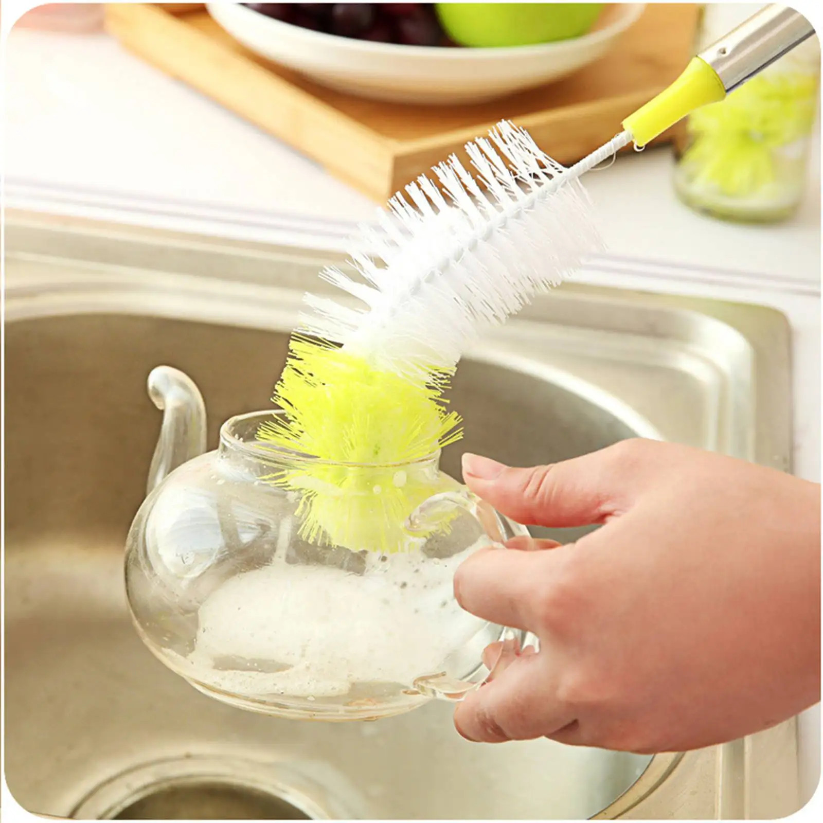Curved round Head Stainless Steel Handle Bottle Cleaning Brush 360 Degree Cleani