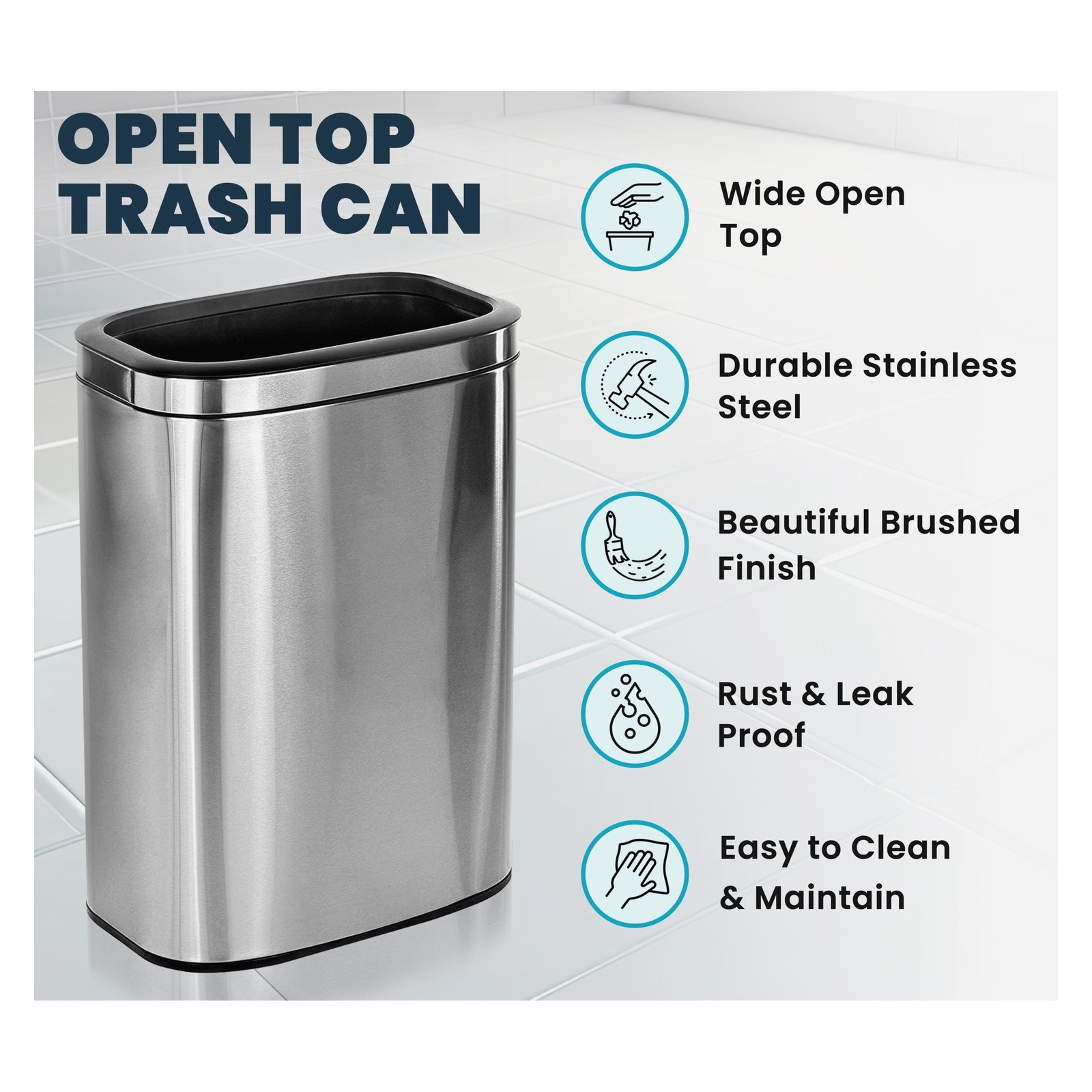 Alpine Stainless Steel Open Top Trash Can 10.5 Gallon 40L Silver 470 10.5 Gallon