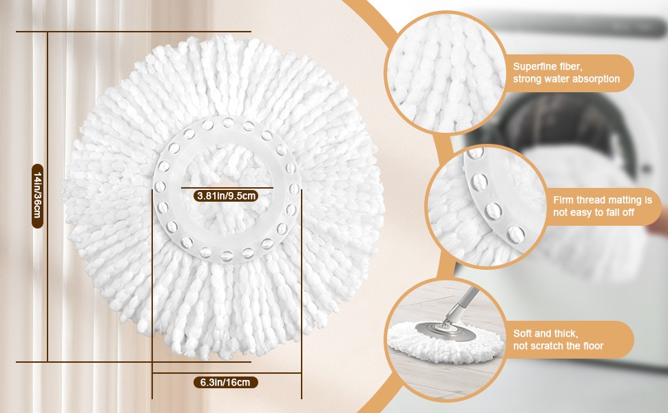 6 Pack Spin Mop Replacement Head for 360° Spin Mop System, Standard Size Round