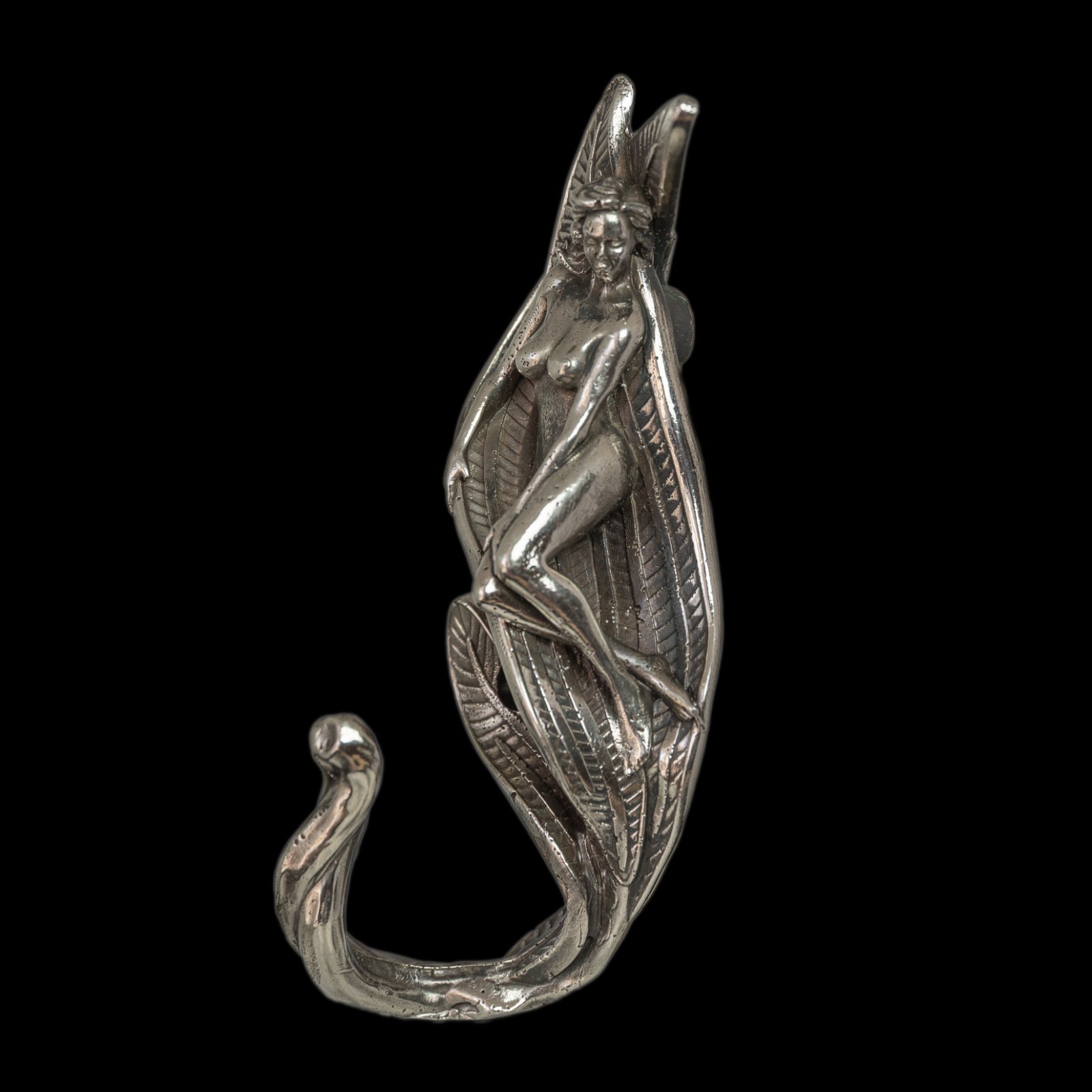 Fairy Wall Hook – Heavy Nickel Silver Art Nouveau Hanger–Fantasy Home Decor