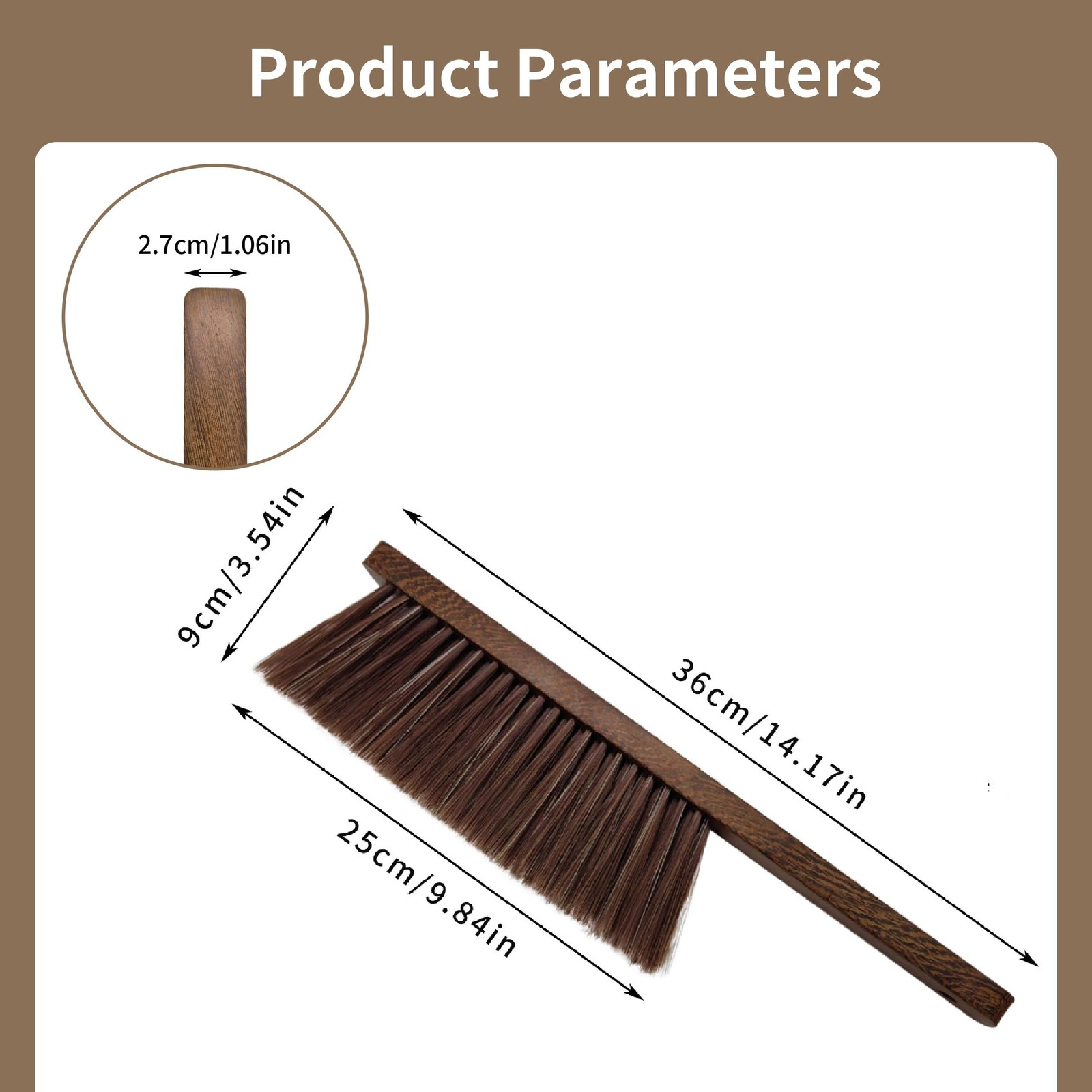 Hand Broom Brush, Dust Brush for Cleaning, Wood 14.2″ x 3.5″ x 1.1″, Brown