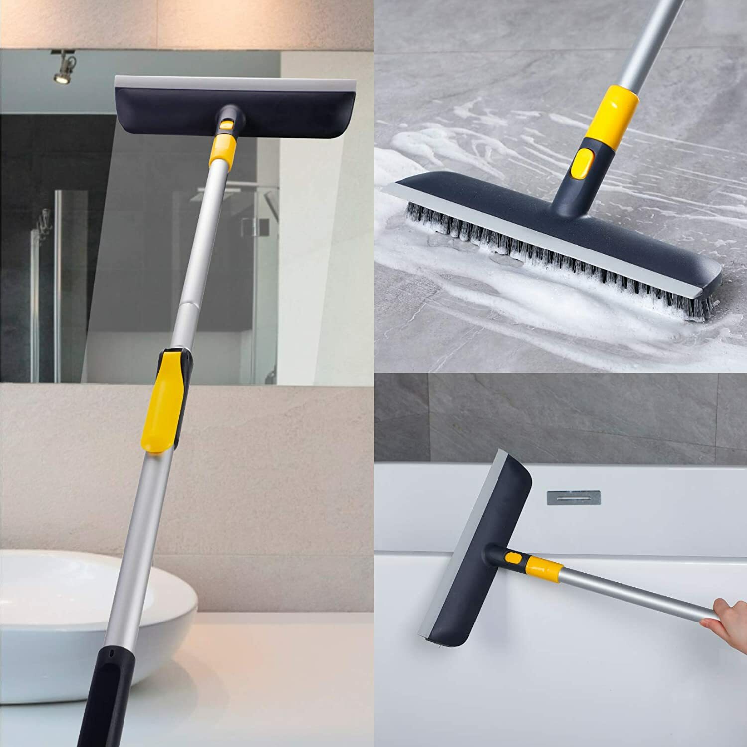 Floor Scrub Brush 2 in 1 Scrape&brush Push Broom Stiff Bristle 37″-51″ Handle