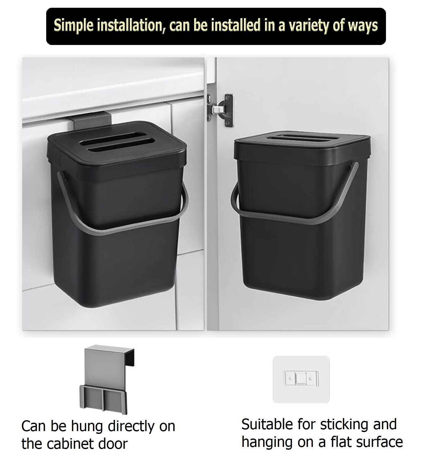 Small Trash Can with Lid 5L/1.3 Gallon Black Kitchen Hanging Mountable