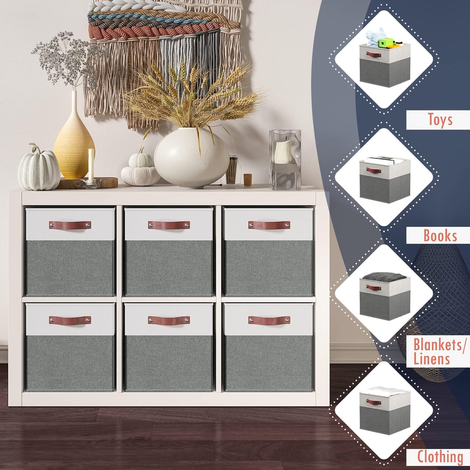 13×13 Storage Cube Box, Foldable Storage Box, 6-Piece Set, White/Gray
