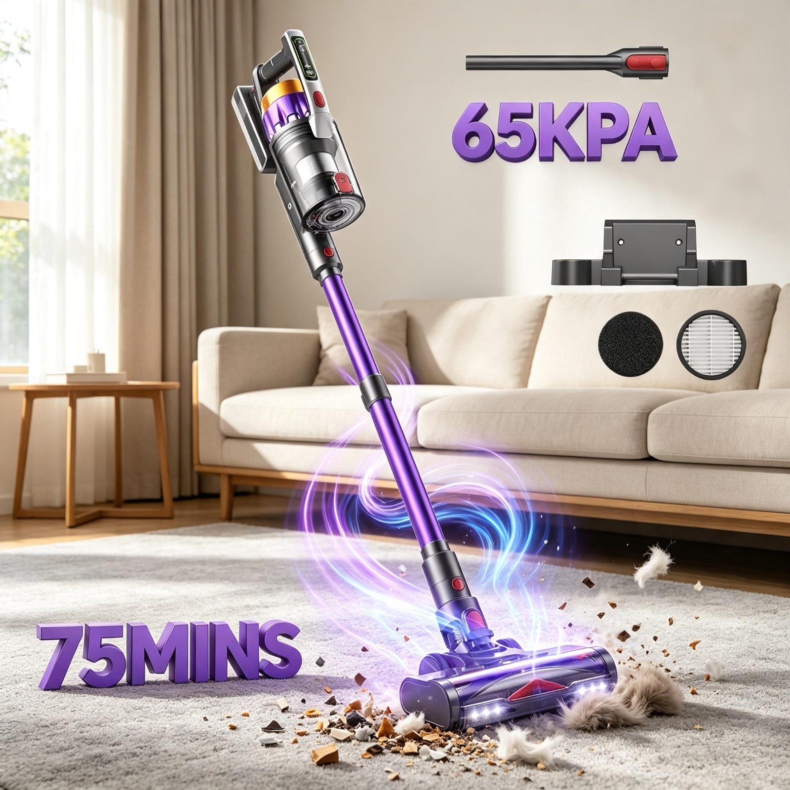 Cordless Vacuum Cleaner 65KPA 75min Stick Pet Hairs Hardwood Wooden Floor Carpet