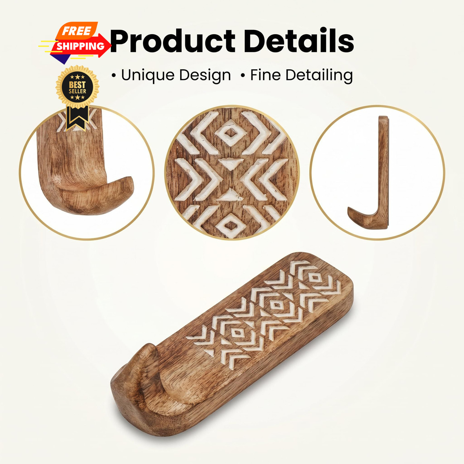 Indian Shelf 10 LB Decorative Wood Adhesive Wall Hooks 10 Cm, Brown Mix