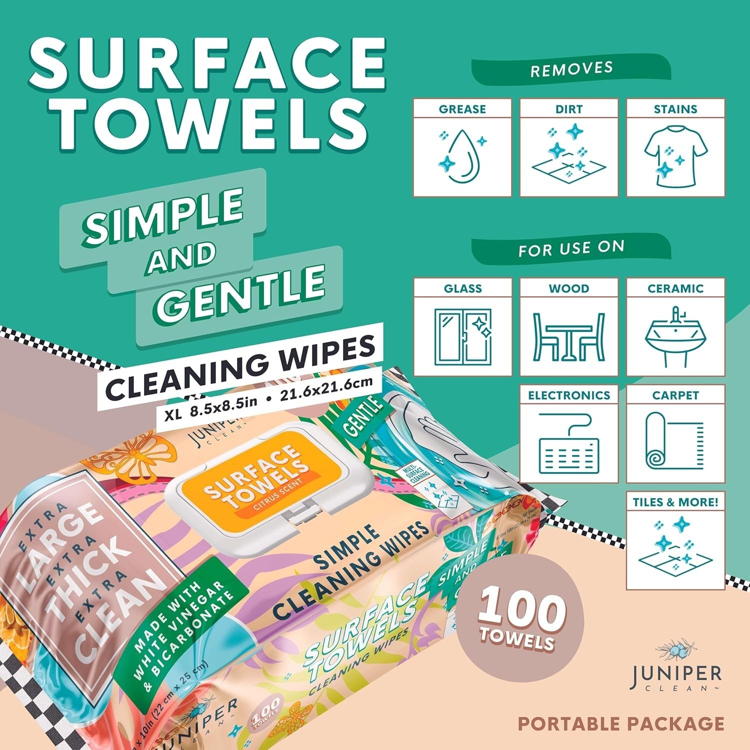 Juniper Clean Surface Wipes Bleach Free with Citrus Scent 100 ct, Pack of 6