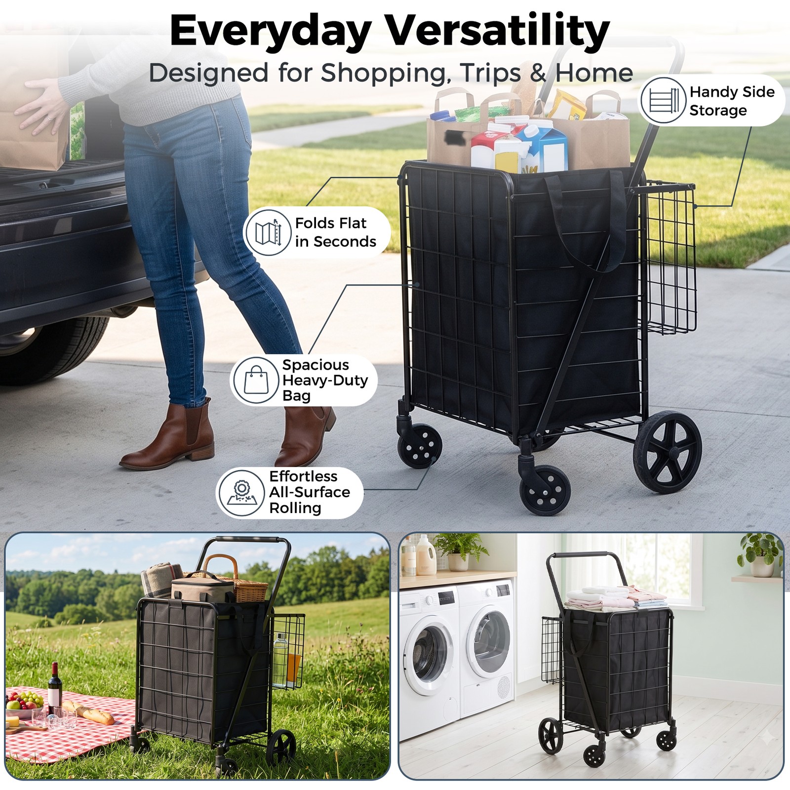 Collapsible Rolling Grocery Cart 88LB Load Capacity w/ Oxford Cloth Liner Black