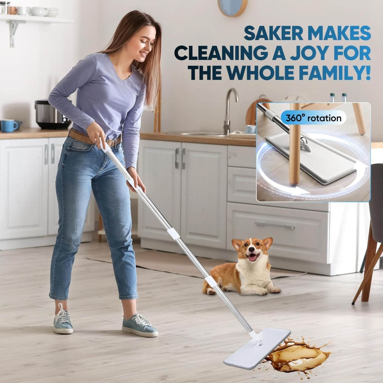 Flat Mop and Bucket with Wringer Set Hands-Free Floor Cleaning 2pcs Mop Pads