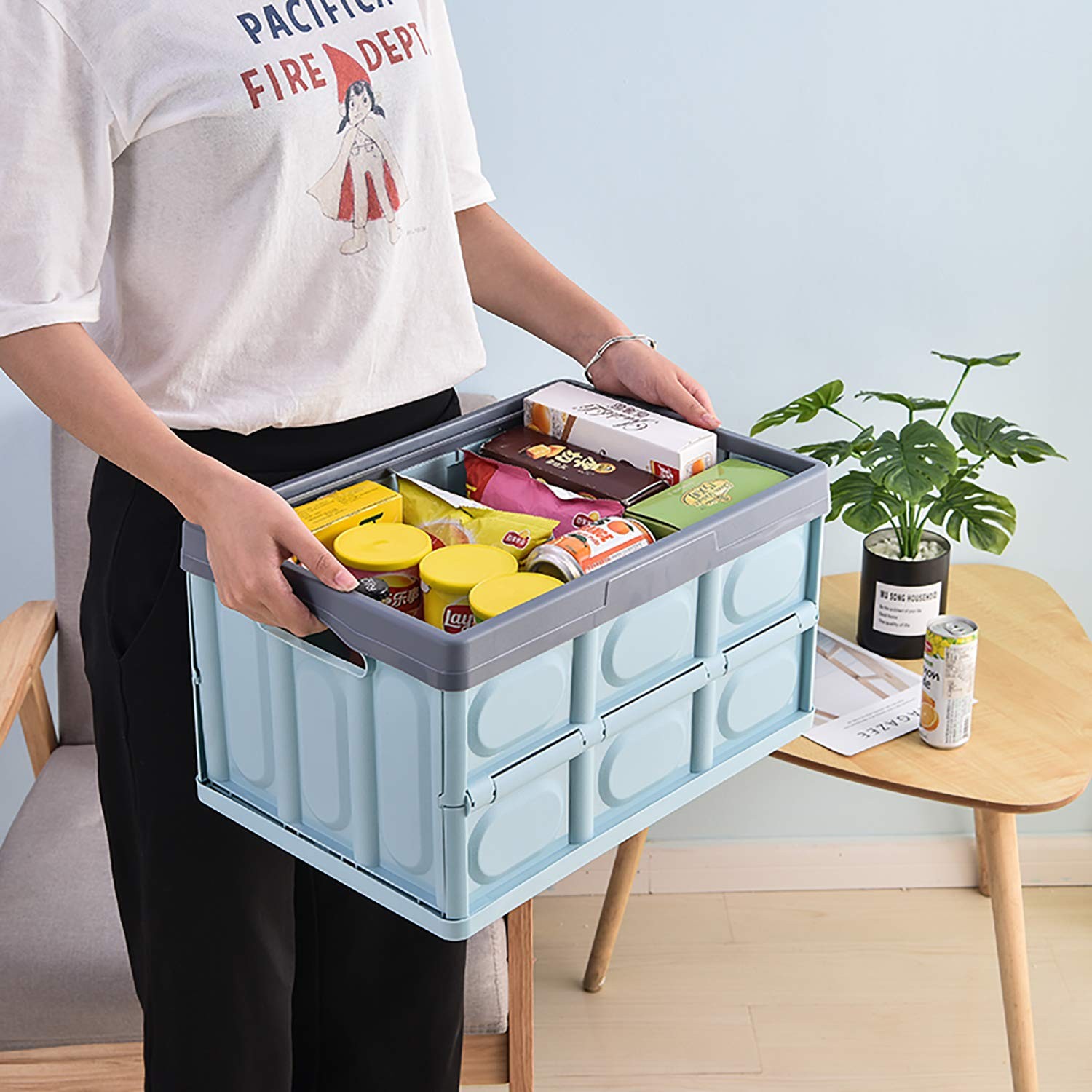 Lidded Storage Bins 2 Pack 30L Blue – Stackable Collapsible Plastic Crates
