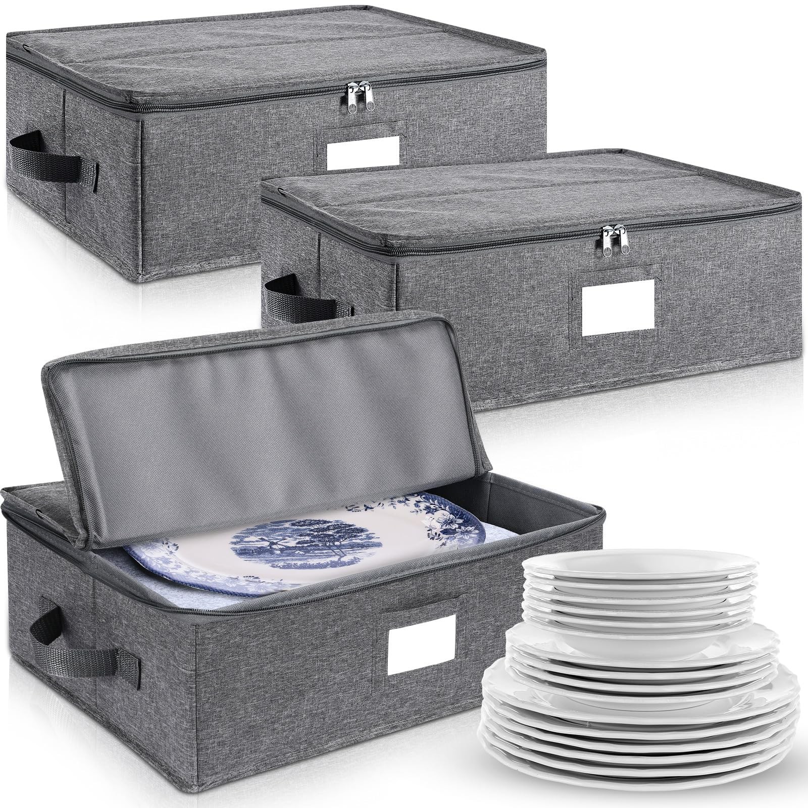 3 PCS Platter Storage Case China Container Hard Shell 17x13x6 Inch Gray