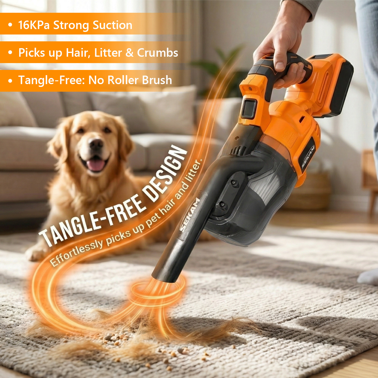 Wireless Vacuum Cleaner Handheld Stick Extension Rod Multi Surface Broom Orange