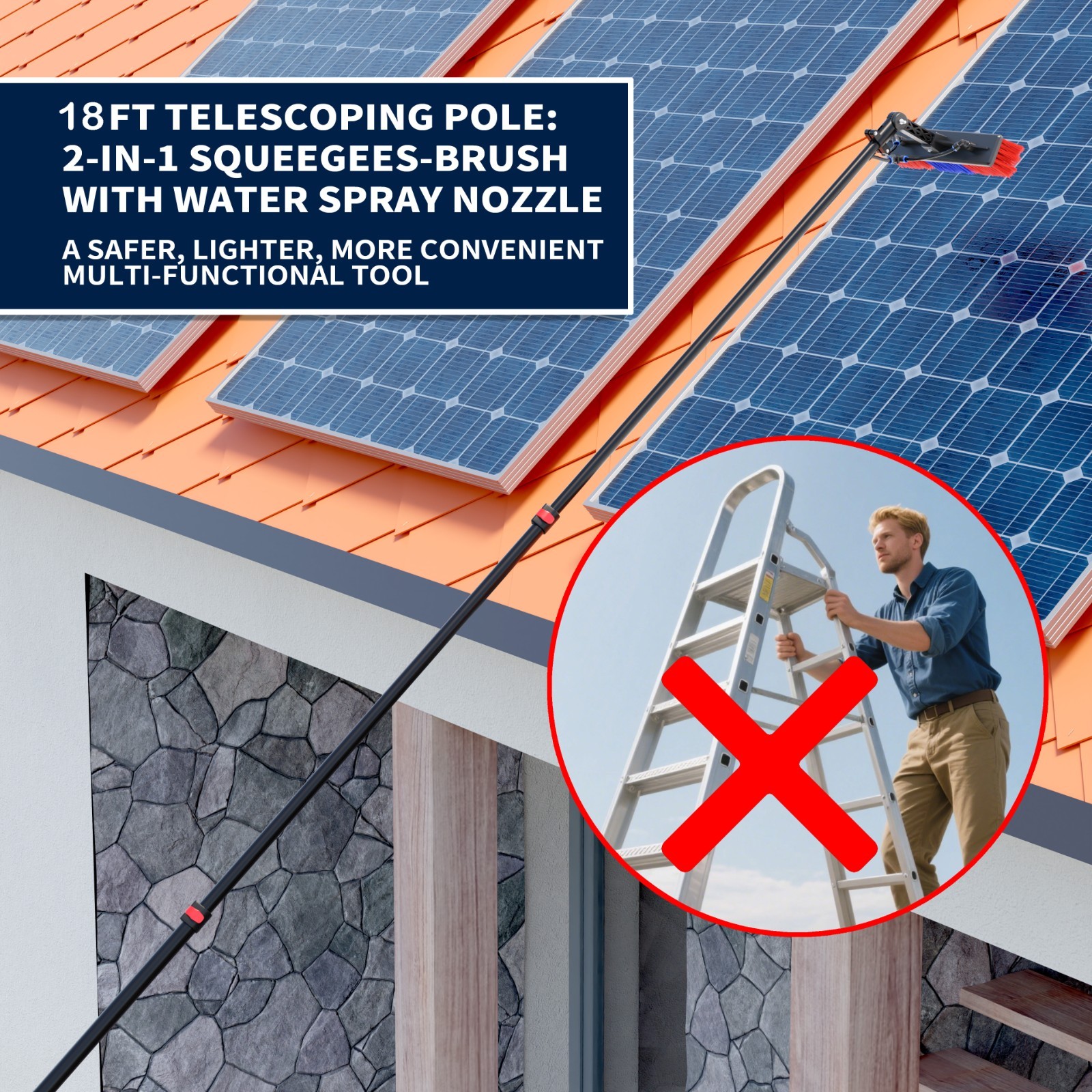5.5m Water Fed Pole Kit Solar Panel Cleaning Brush &Squeegee Window Washing Tool