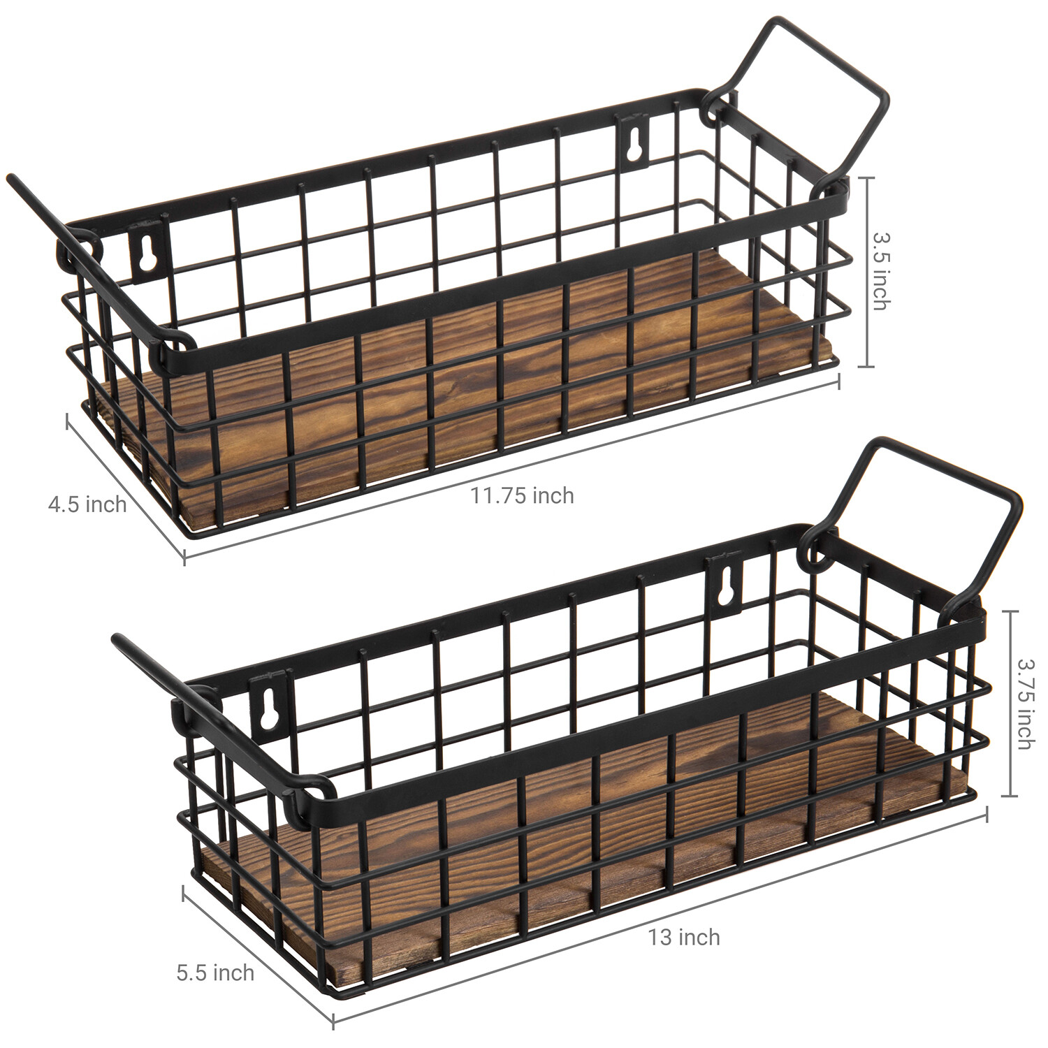 MyGift Set of 2 Black Metal Wire and Burnt Wood Storage Baskets with Handles