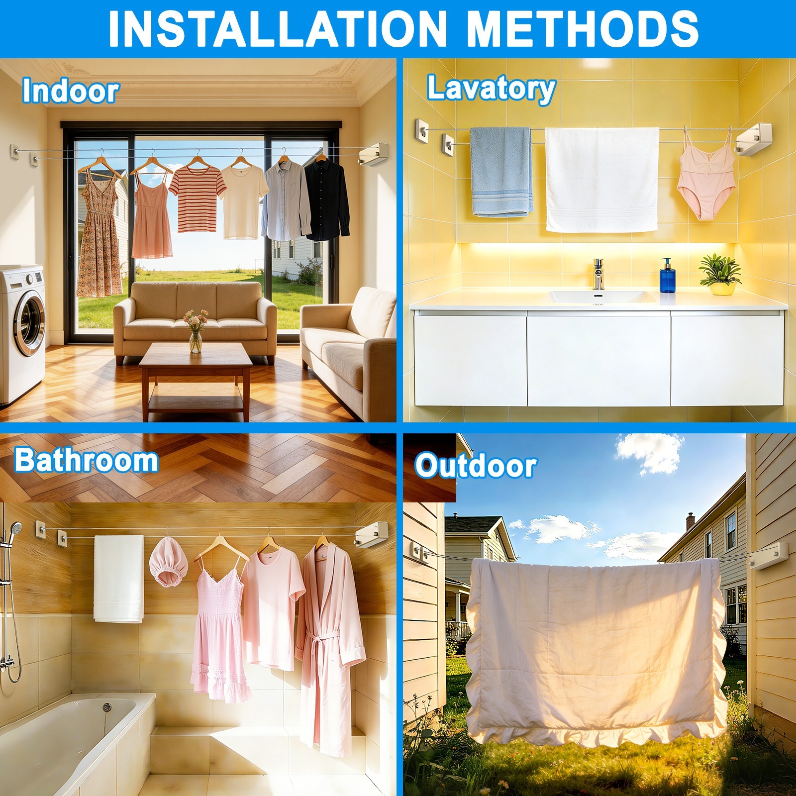Retractable Clothesline 304 Stainless Steel 33lb Load Indoor/Outdoor Wall Mount
