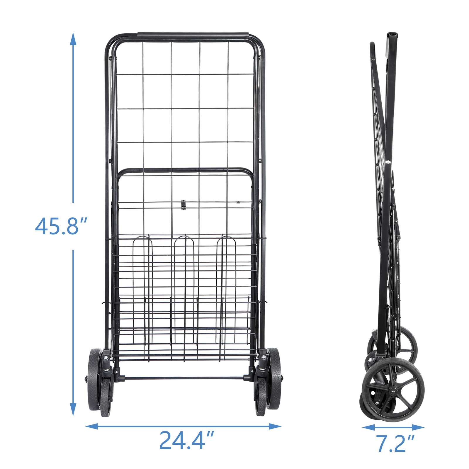 Folding Shopping Cart Rolling Trolley Utility 2 Basket W/Wheel for Laundry Black