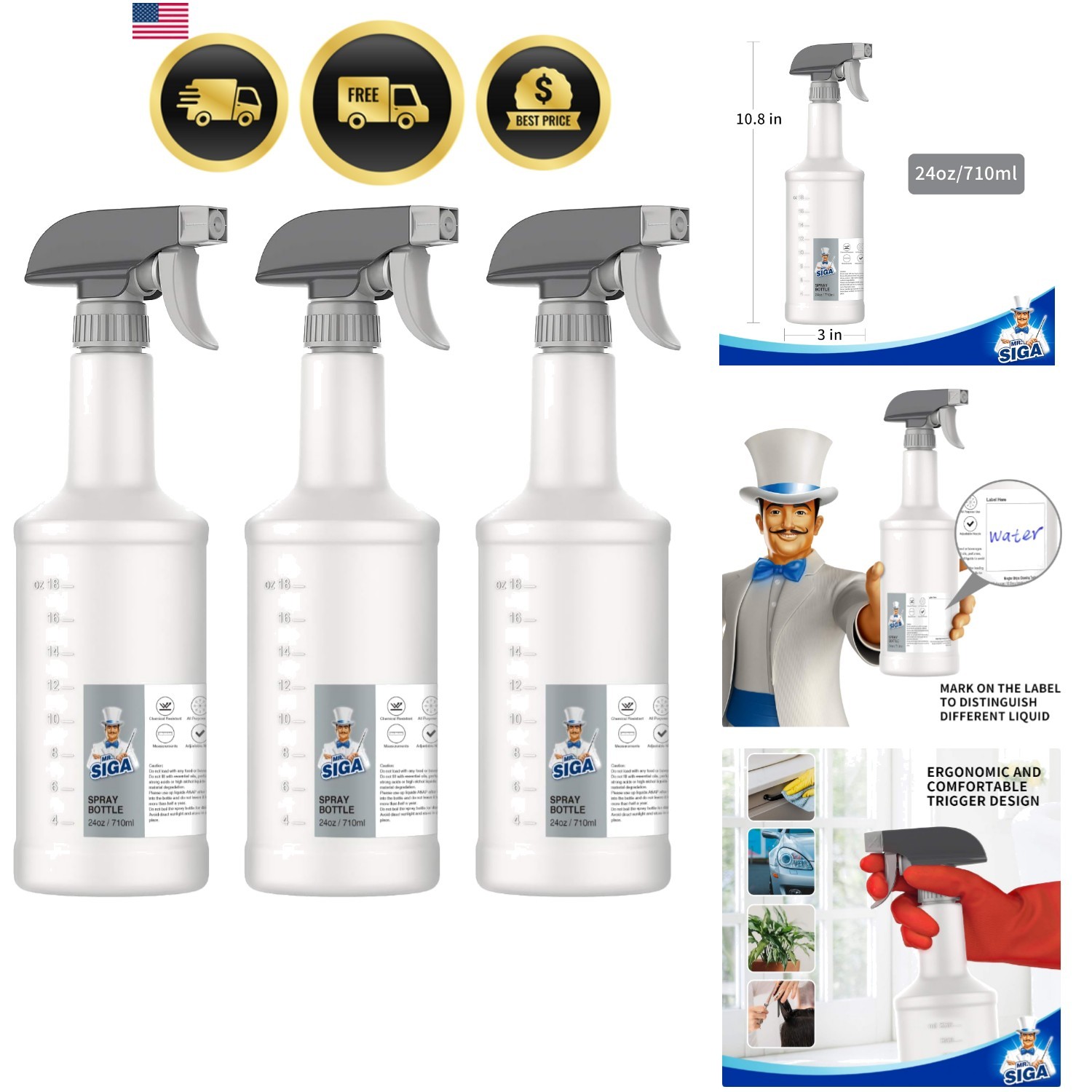 24 oz Empty Plastic Spray Bottles for Cleaning Solutions, Heavy Duty Househol…