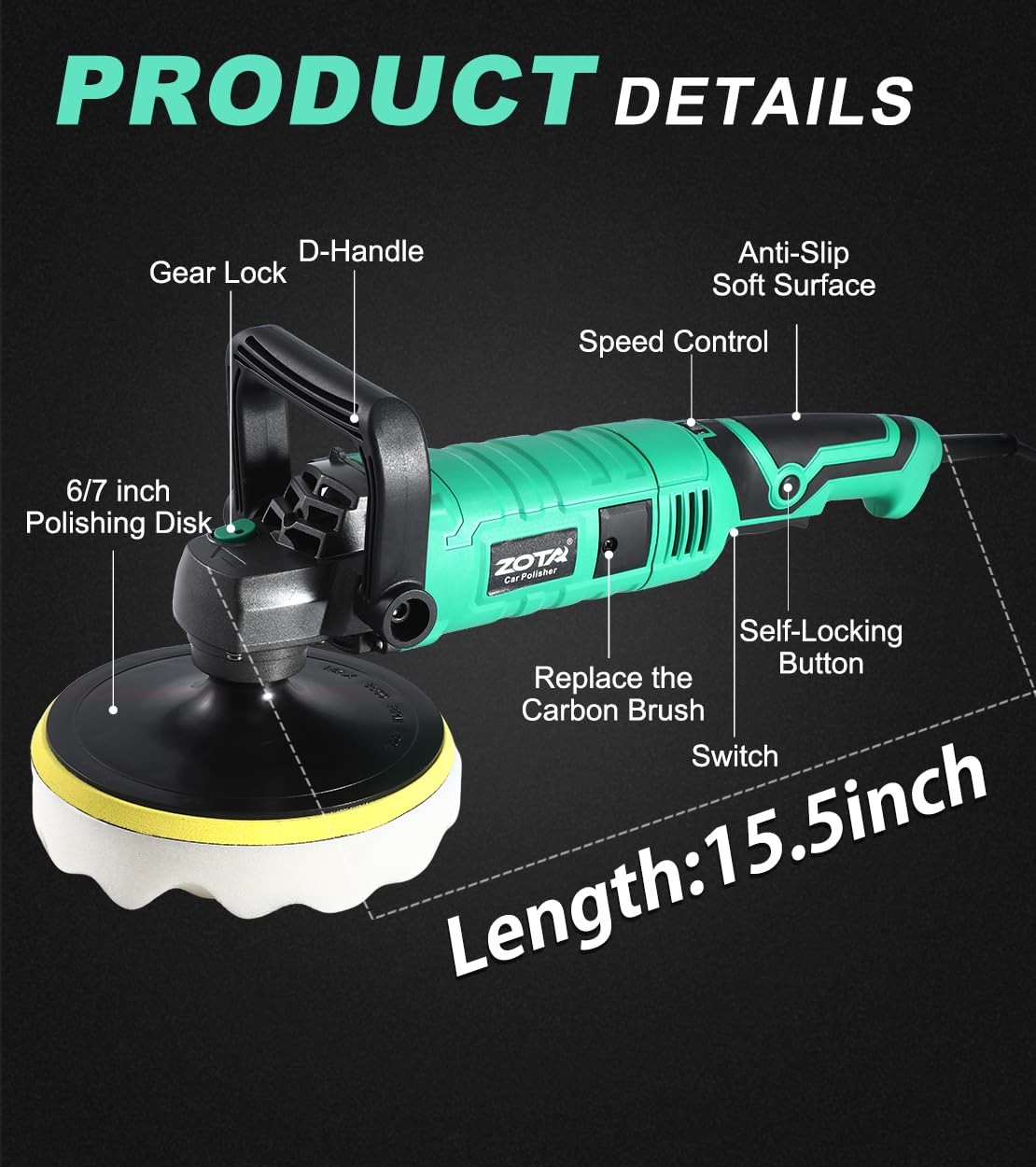 1600W 7 Inch Car Buffer Polisher Kit with 7 Speeds, UltraLong Cord, Copper