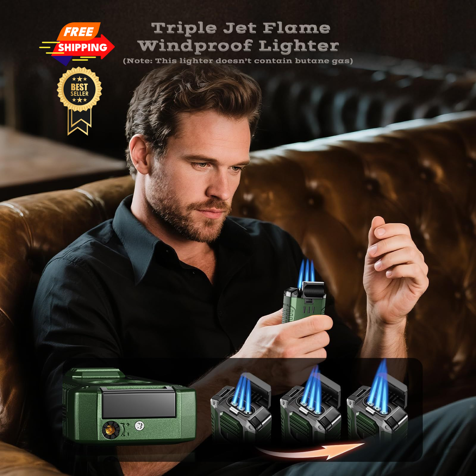 5-in-1 Torch Lighter with Tool, Punch, Holder, and 3.35*1.67*0.92 in, Green