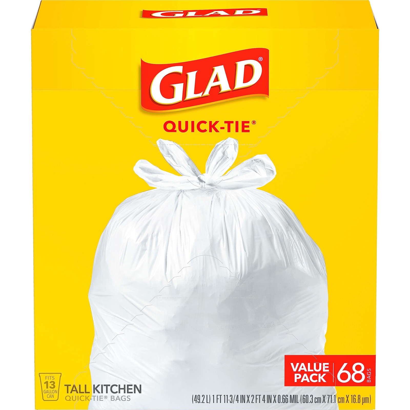 Glad Quick Tie 13 Gallon Tall Kitchen Trash Bags 68 Count Strong & Sturdy