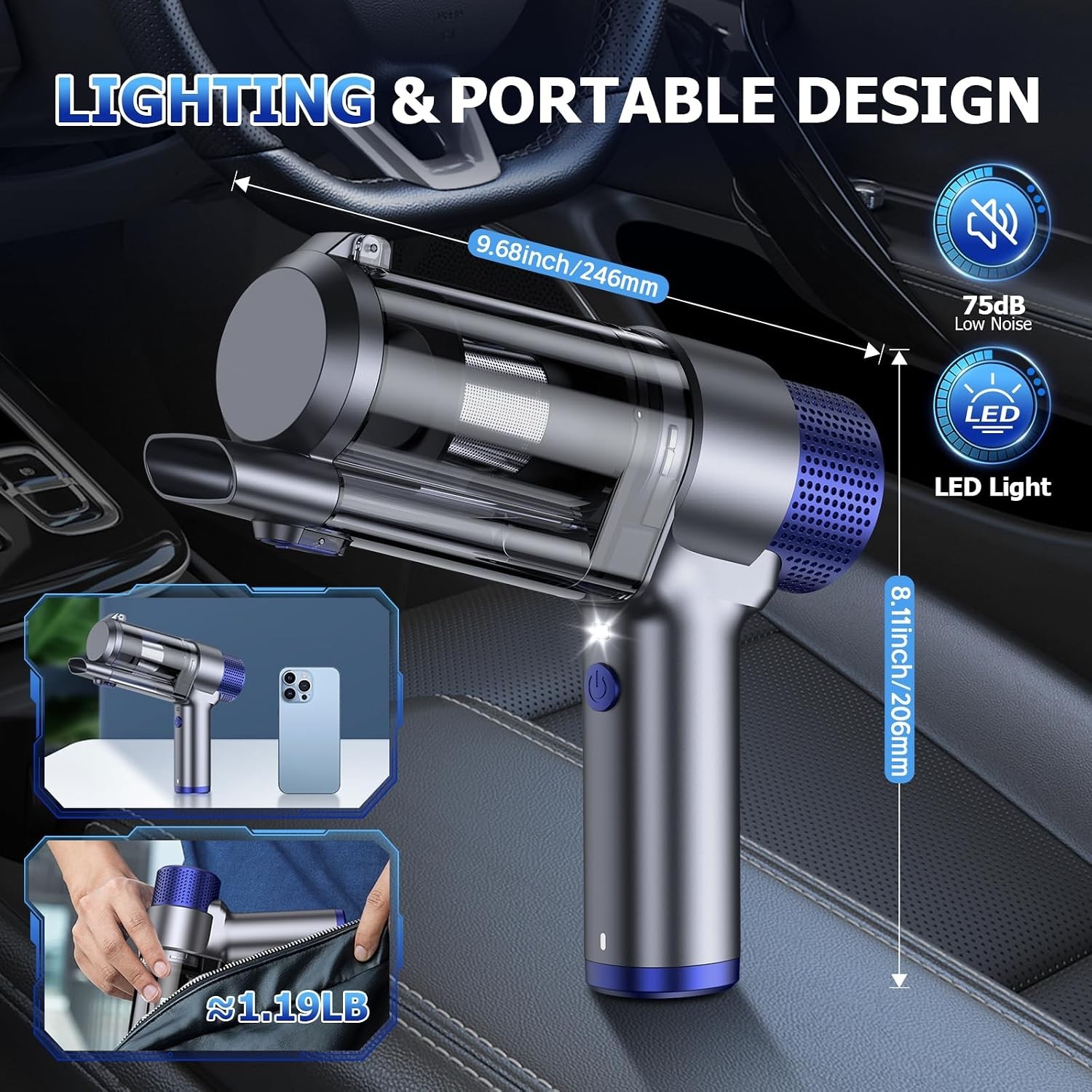 Handheld Car Vacuum Cleaner Cordless, 16000PA Hand Held Vacuum Portable, 2 in…
