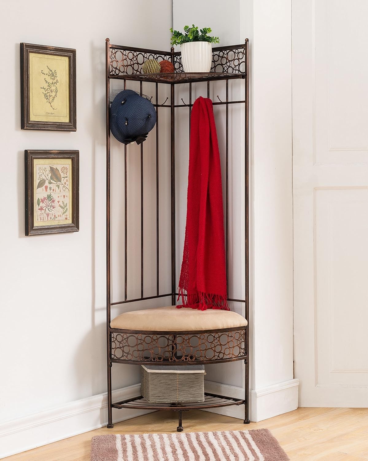 Brushed Copper Metal Corner Entryway Hallway Storage Bench with Coat Rack